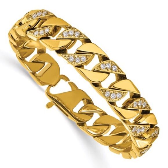 Chisel stainless steel and gold plated curb link bracelet with cubic zirconia - Picture 4 of 4